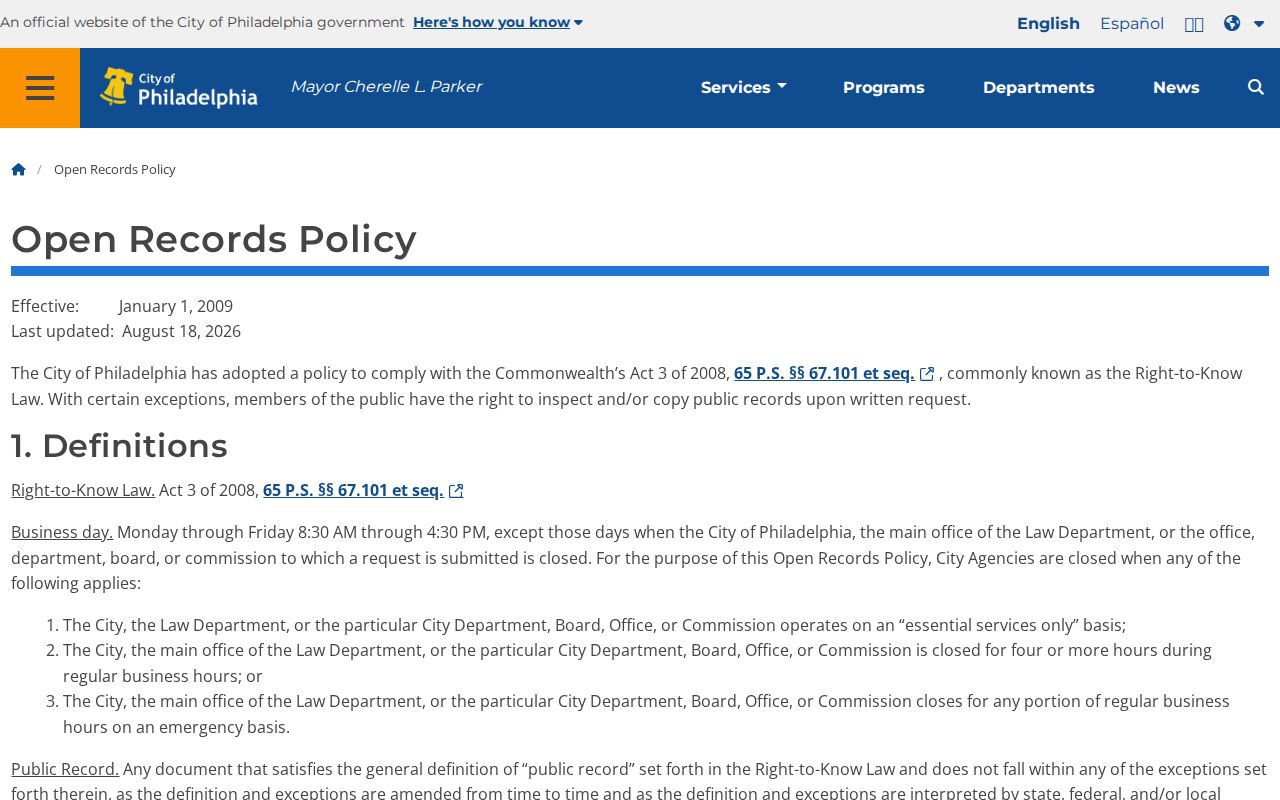 Philadelphia residents directory Right-to-Know Law records request policy