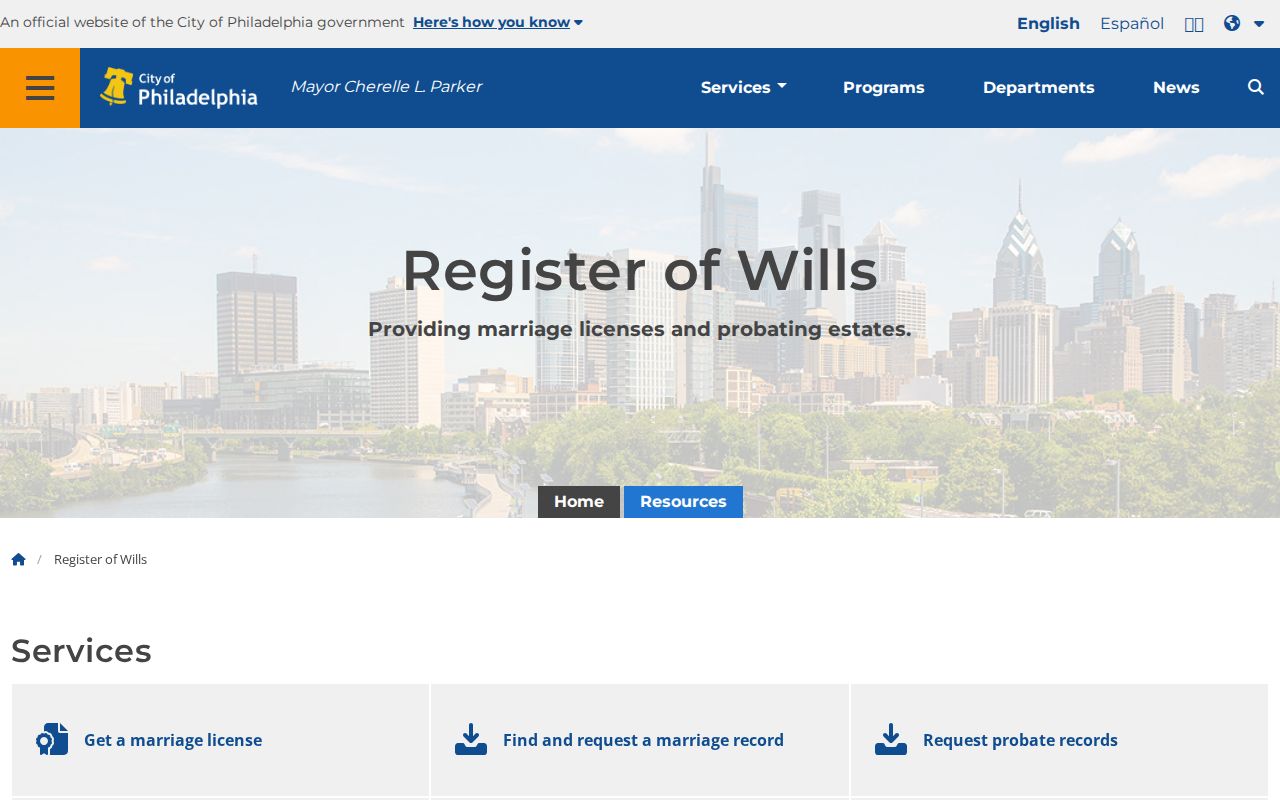 Philadelphia residents directory Register of Wills official records page