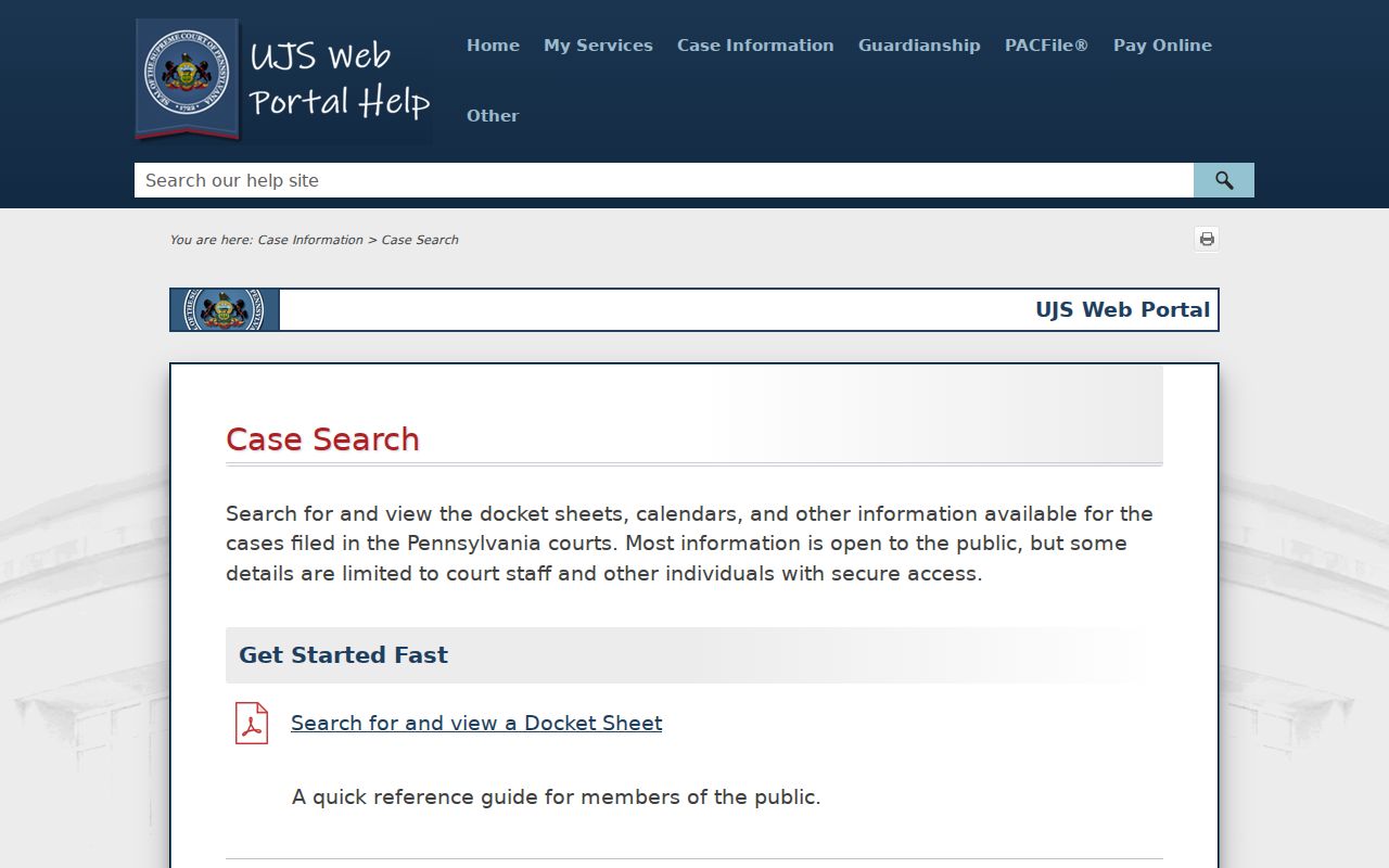 Philadelphia resident lookup UJS Case Search help screen