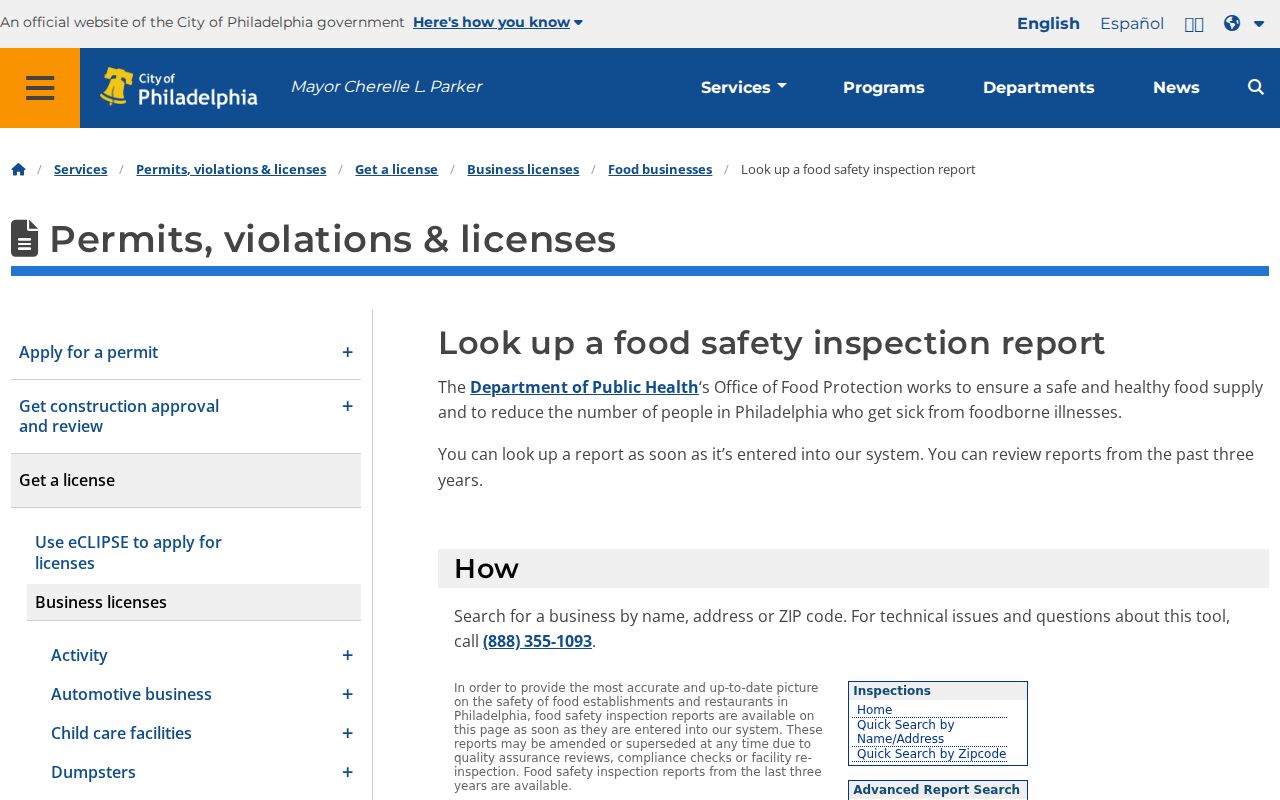 Philadelphia ZIP code directory example of the City food safety inspection search