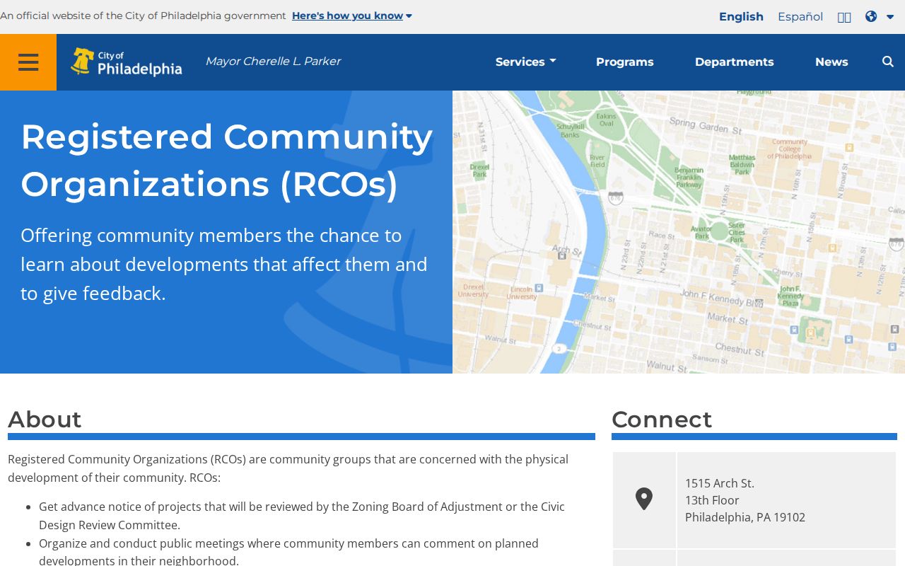 Philadelphia ZIP code directory context in the Registered Community Organizations map