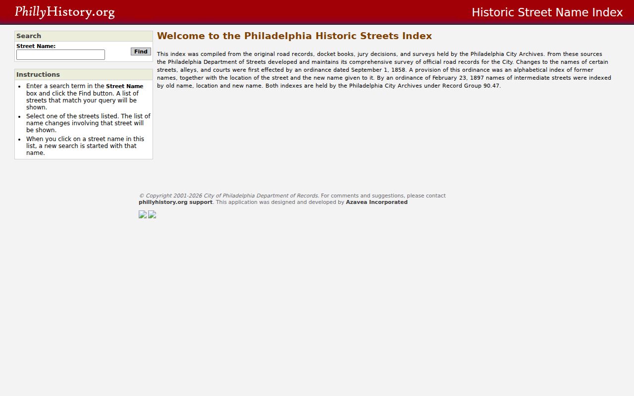 Philadelphia Historic Streets Index search page for historic and current street names
