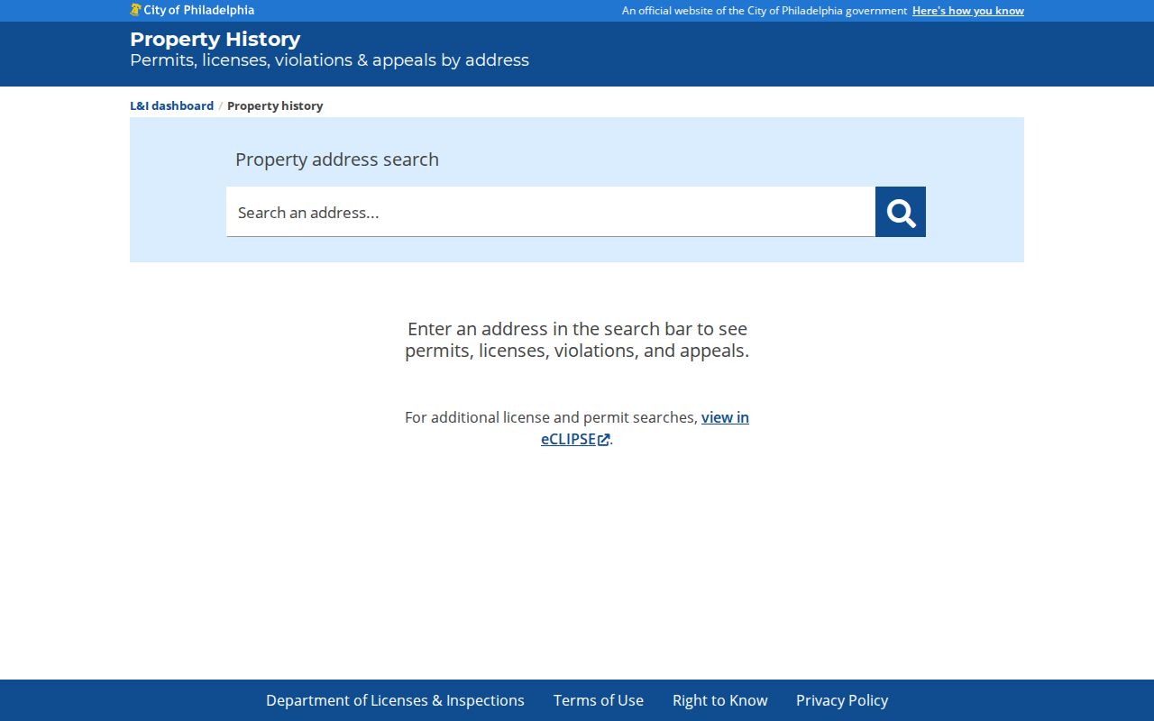 Philadelphia L&I Property History address search screen