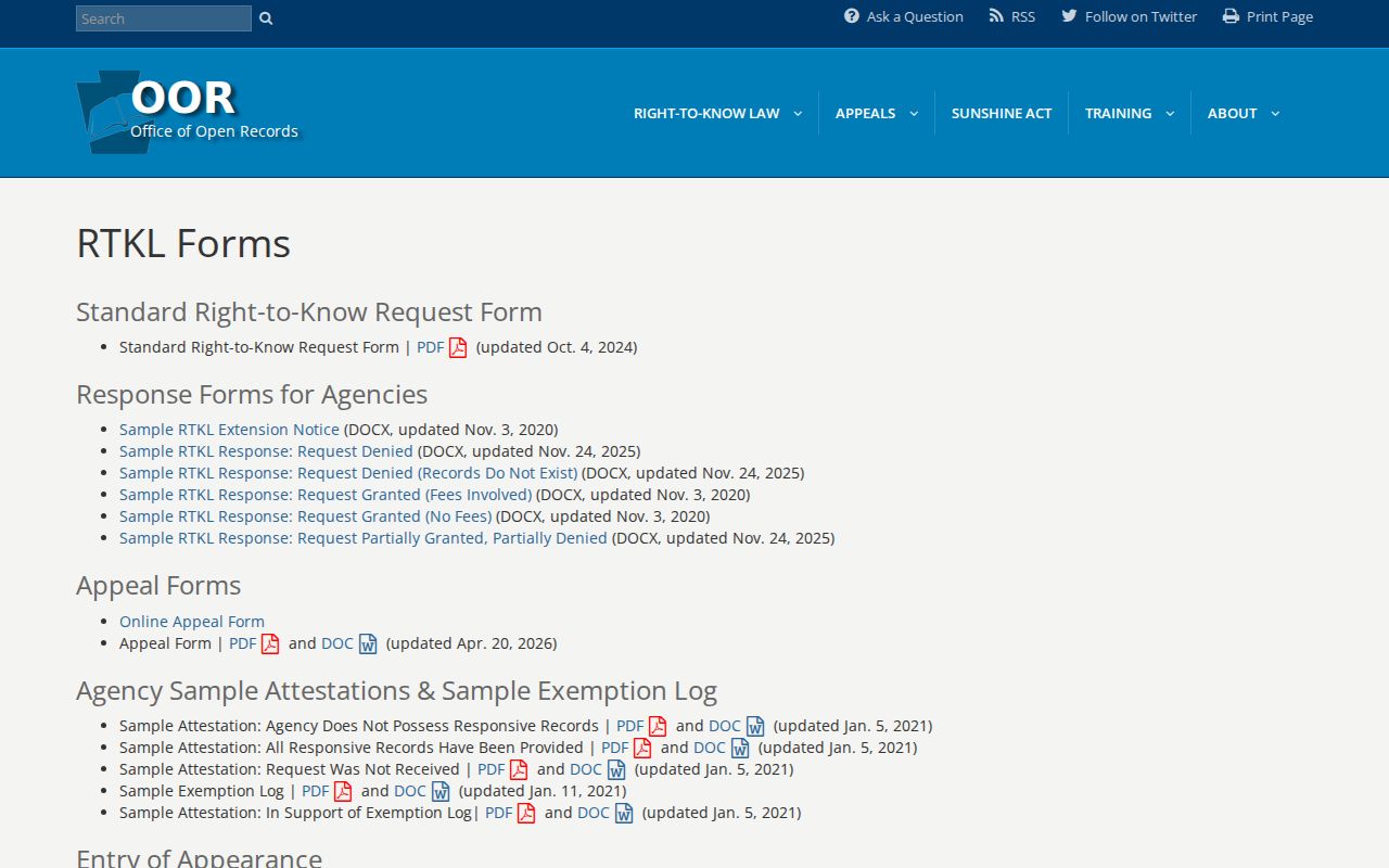 Pennsylvania Office of Open Records Right-to-Know request form guidance