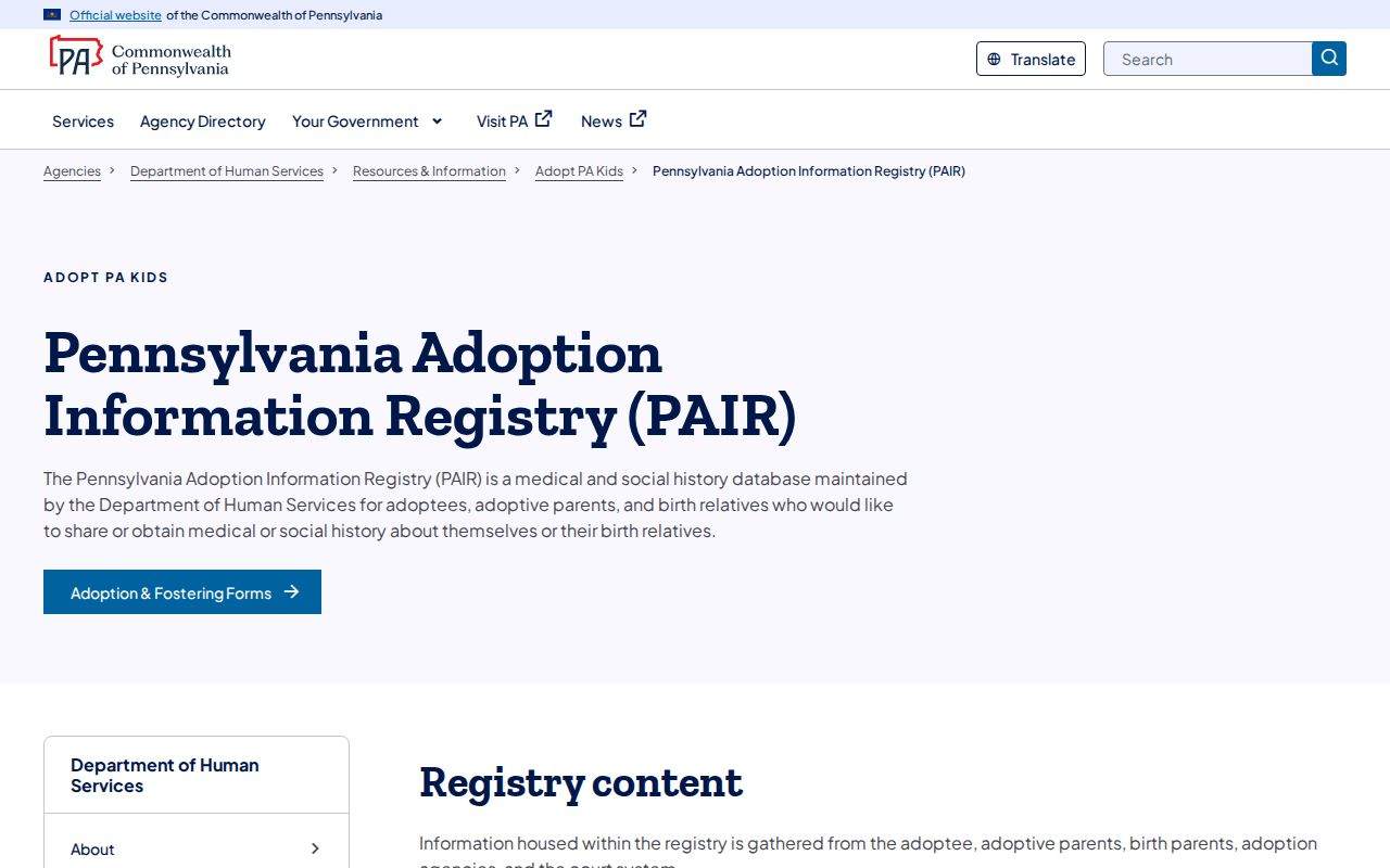 Philadelphia resident lookup Pennsylvania PAIR confidential route