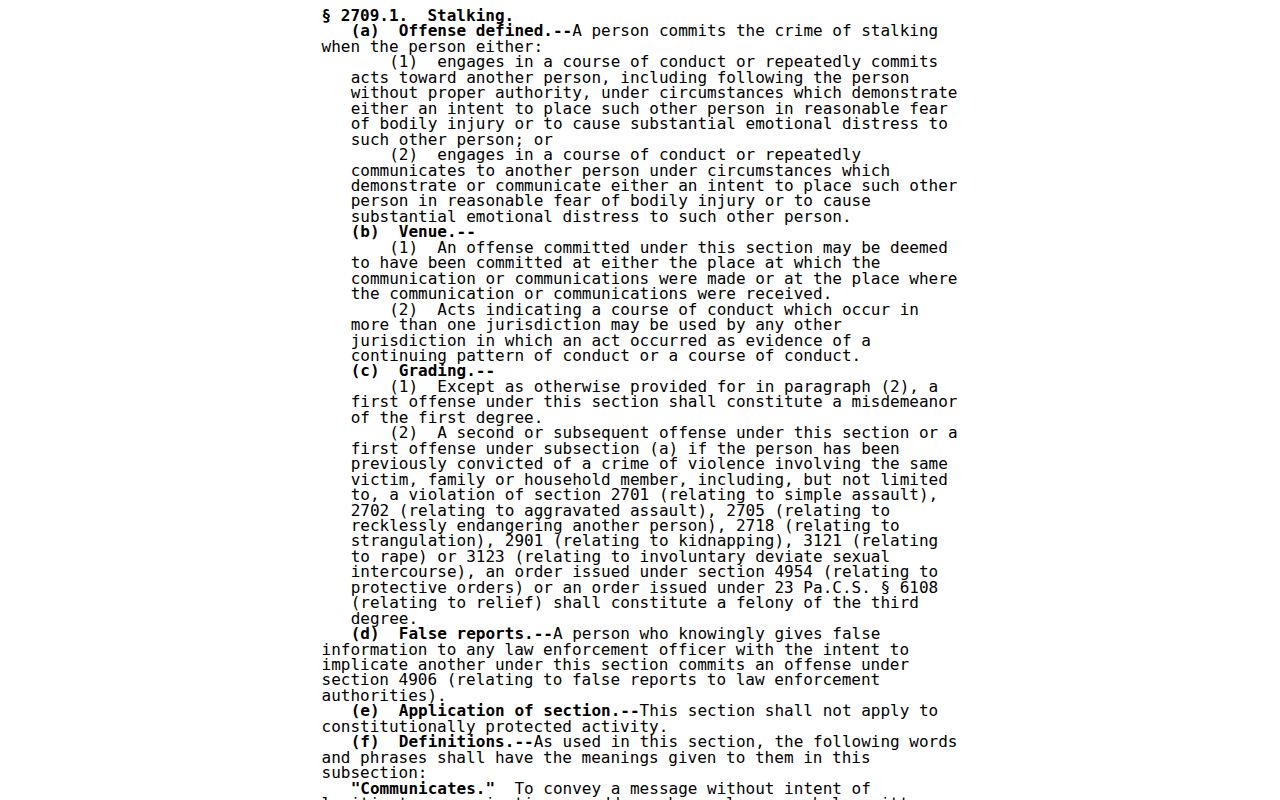 Philadelphia neighbors lawful-use limit from Pennsylvania stalking statute